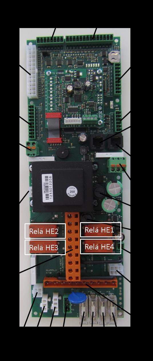 Vaihtoventtiili 220 V M4 = Kiertovesipumppu 220 V M5 = Puhallin 220 v M6 = Invertteri RJ1 = Näyttö RJ2 = Ei käytetä X1 = Ei käytetä X2 = Ei käytetä X3 = Erillinen puhallinohjaus X4 =