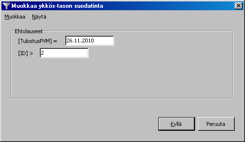 Operaattori kohtaan valitaan ehtolauseen operaattori. Tämän jälkeen lisätään muut ehtolauseet. Esim.