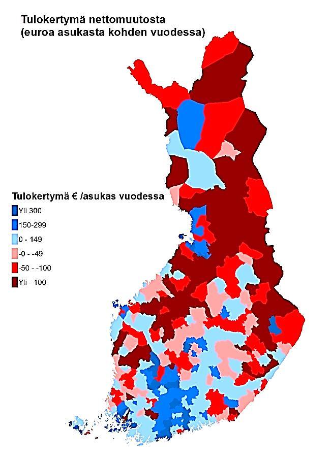 Tulokertymä asukasta kohden toi esiin merkittävän kuilun muuttajista hyötyvien ja menettävien välillä: vaihteluväli asukasta kohden oli