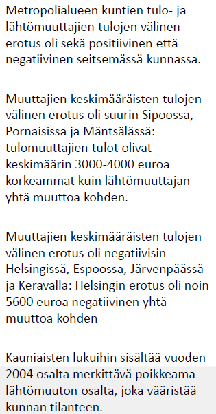 Metropolialueen tulo- ja lähtömuuttajien keskimääräisten tulojen välinen