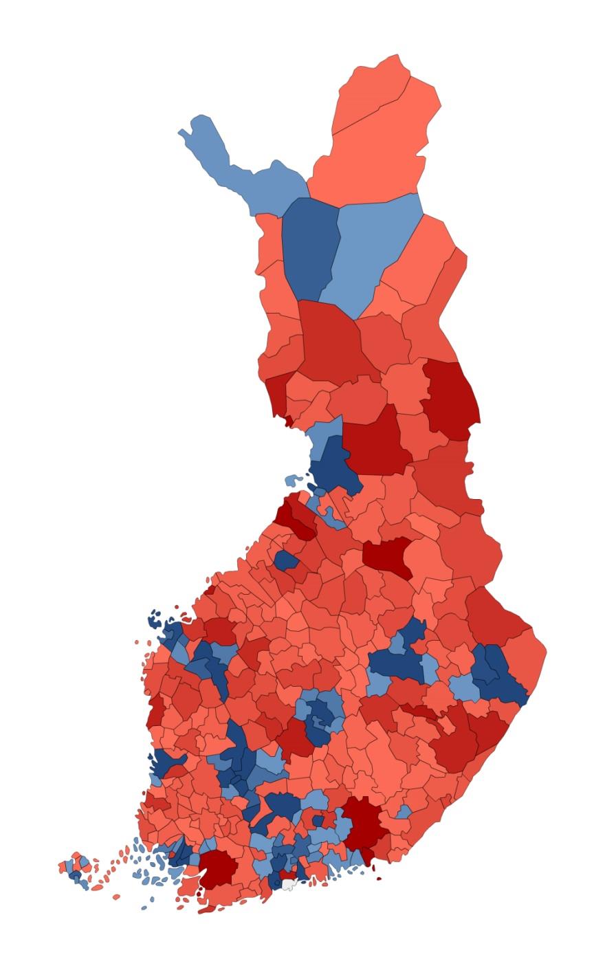 KUNTIEN VÄLINEN MUUTTOLIIKE YHTEENSÄ VUOSINA 2010-2014 Kuntien välinen muuttoliike oli positiivinen vain joka neljännessä kunnassa (24,7 %) eli 79 kunnassa ja negatiivinen 241 kunnassa (75,3 %)