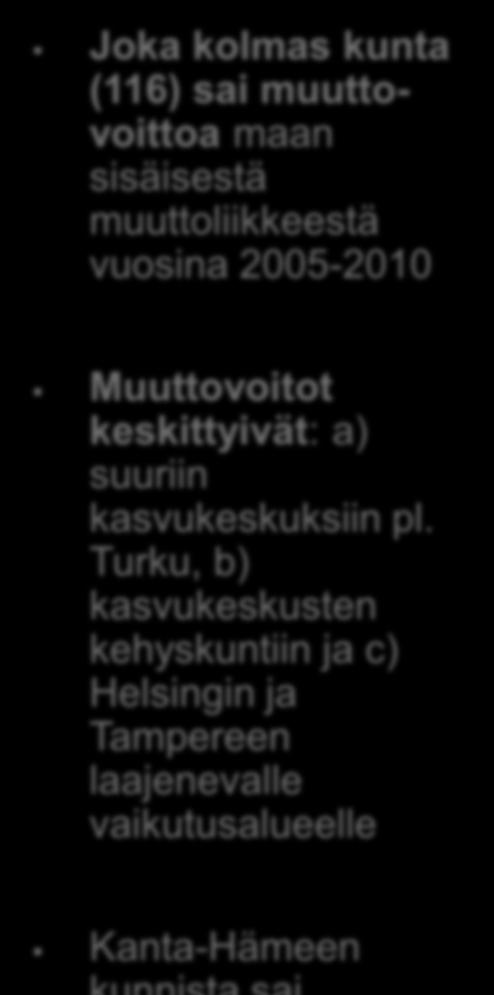 Joka kolmas kunta (116) sai muuttovoittoa maan sisäisestä muuttoliikkeestä vuosina 2005-2010 Muuttovoitot keskittyivät: a) suuriin