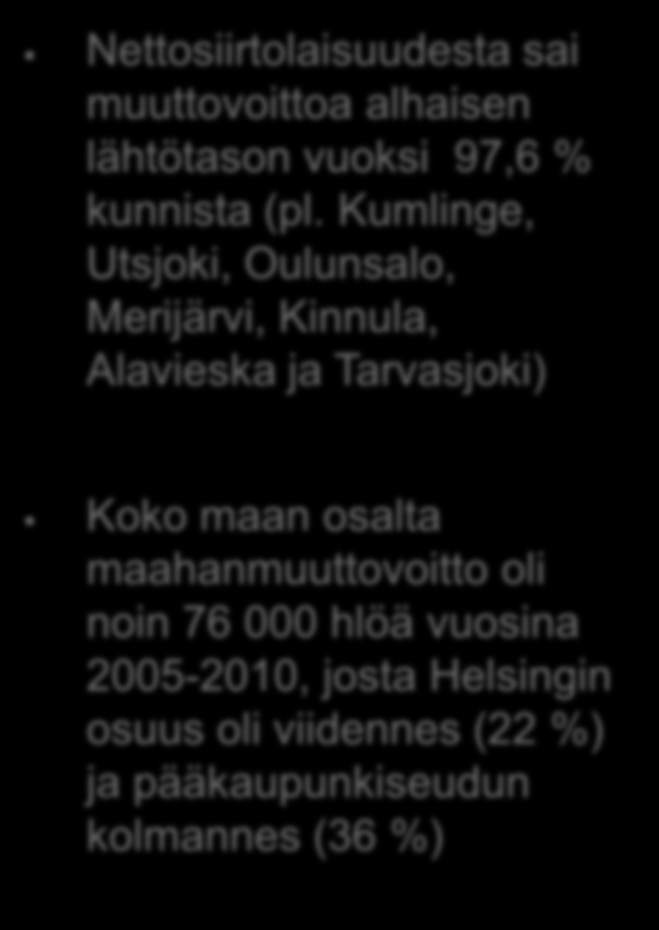 Timo Aro 2011 Nettosiirtolaisuudesta sai muuttovoittoa alhaisen lähtötason vuoksi 97,6 % kunnista (pl.