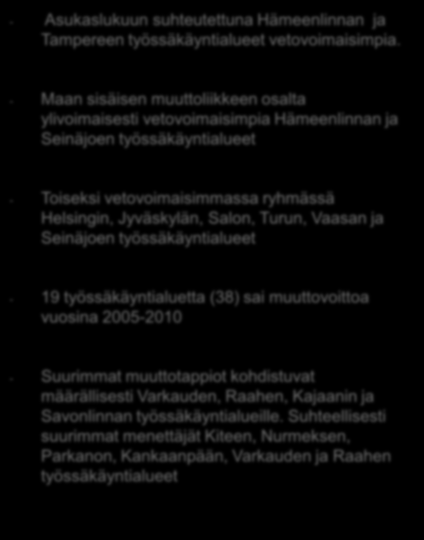 Helsingin, Jyväskylän, Salon, Turun, Vaasan ja Seinäjoen työssäkäyntialueet - 19 työssäkäyntialuetta (38) sai muuttovoittoa vuosina 2005-2010 - Suurimmat