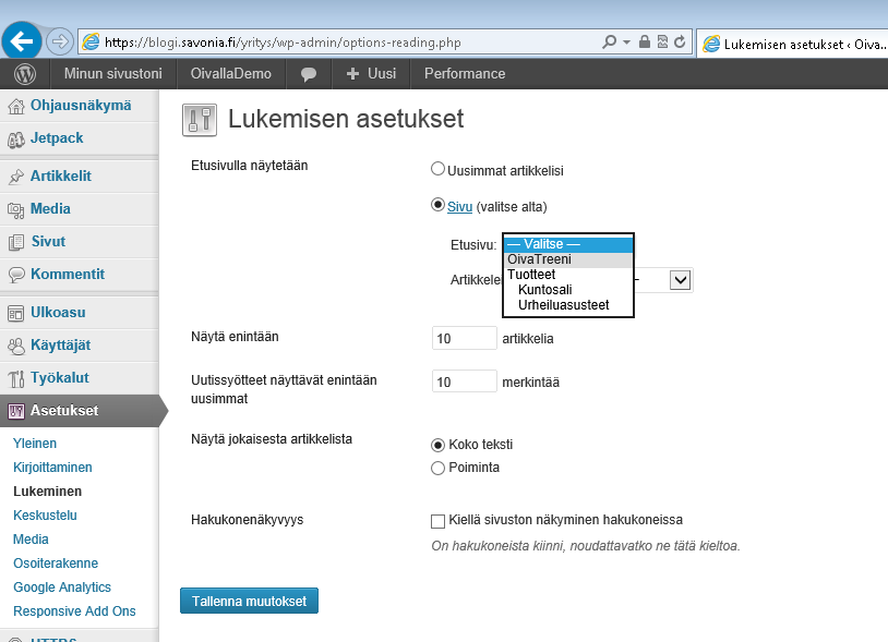 9 / 13 5 Etusivun määritys Valitaan ohjausnäkymästä lukuasetukset: