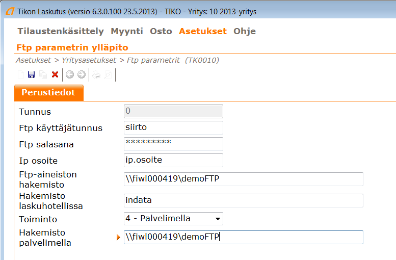 Toukokuu 2013 13 (16) 6 Laskuohtelliin lähetettävien verkkolaskujen FTP -parametri Jos yrityksen vrkkolaskuoperaattori on Laskuhotelli, voidaan laskut lähettää FTP lähetyksenä suoraan Laskuhotelliin.