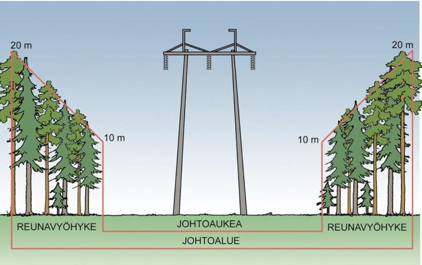 sähköjohtojen päälle. Reunavyöhykepuuston käsittelyn (110kV) tarkoitus on sähkömarkkinalain (50 ) mukaisesti pitää suurjännitteisen jakeluverkon johdot häiriöttöminä ja puuvarmoina.