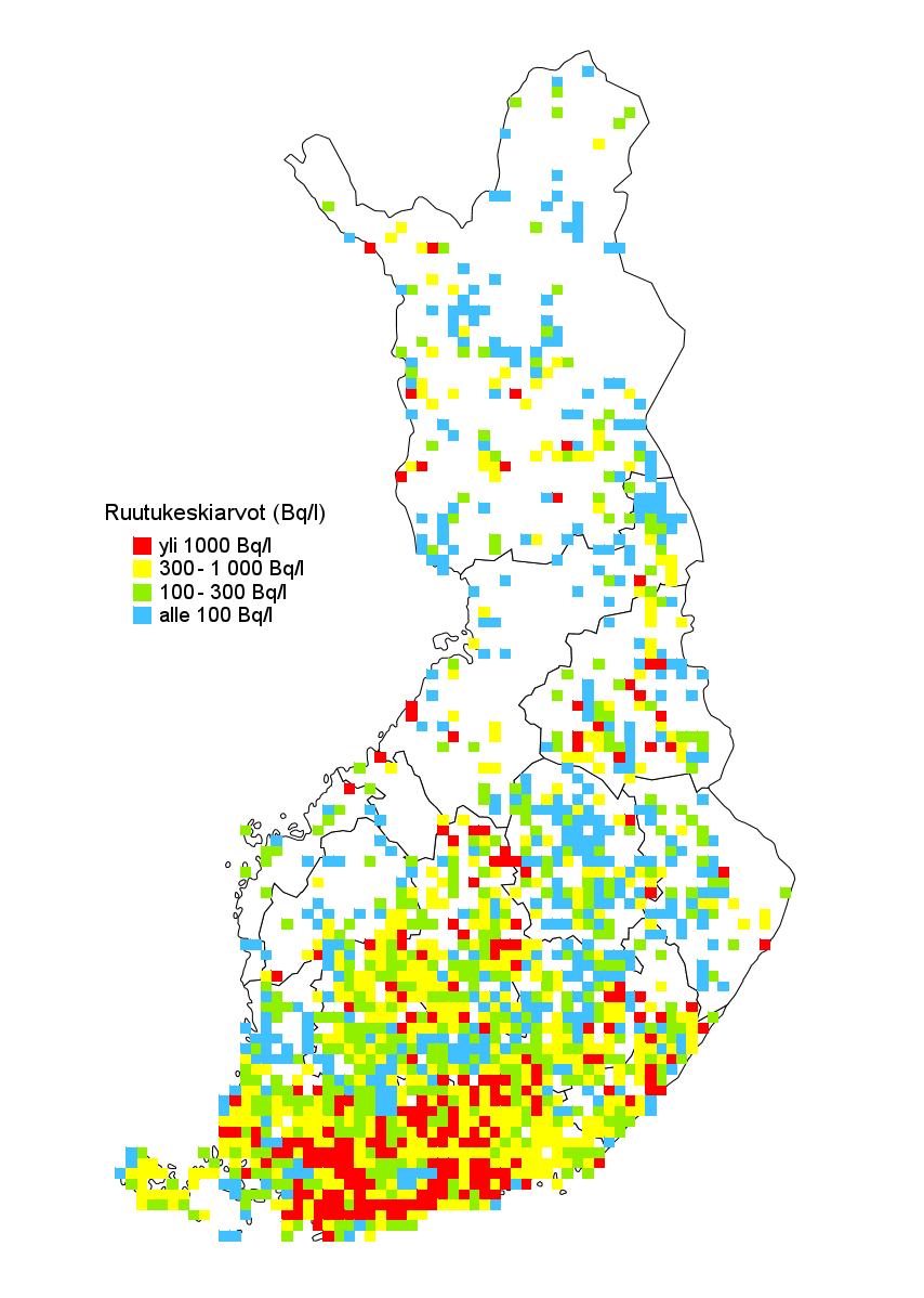 Talousveden radon Porakaivovesissä esiintyy suuria radonpitoisuuksia (keskimäärin 460 Bq/l) 10% porakaivoista radonia yli 1000 Bq/l Radonkaasu liukenee veteen,