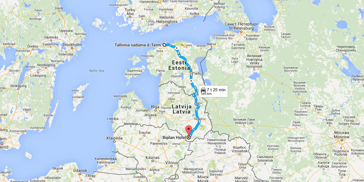 Autolla 549 km, 7 t 27 min Reittiohjeet kohteesta Tallinna sadama d-term. kohteeseen Biplan Hotel Tallinna sadama d-term.