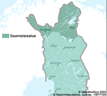 Kuva 2.1 Poronhoitoalue ja saamelaisten kotiseutualue ja kartalla Poronhoitoalue on laajuudeltaan 122 936 km 2 eli runsaat 36 % koko Suomen pinta-alasta.