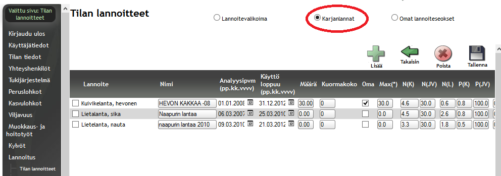 Tämän jälkeen valittu lannoite löytyy tilan lannoitevalikoimasta ja on nähtävissä tilan valikoimassa, kun siirrät Näytä kohdassa valinnan kohtaan Tilan valikoima : 9.