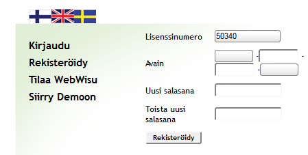 Ohjelma avaa sivun, jossa pyydetään syöttämään lisenssinumero ja avainkoodi: 2.2.1 LISENSSINUMERO Lisenssinumero on vanhoilla pc-wisun käyttäjillä sama kuin pc-wisussa käytetty lisenssinumero.