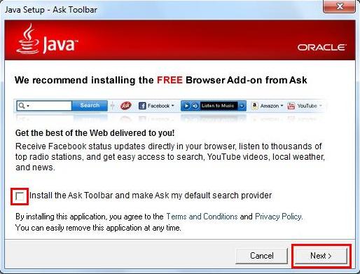 6. Jos Javan asennuksen yhteydessä tarjotaan Ask Toolbar -nimistä lisäosaa, tämä ei ole