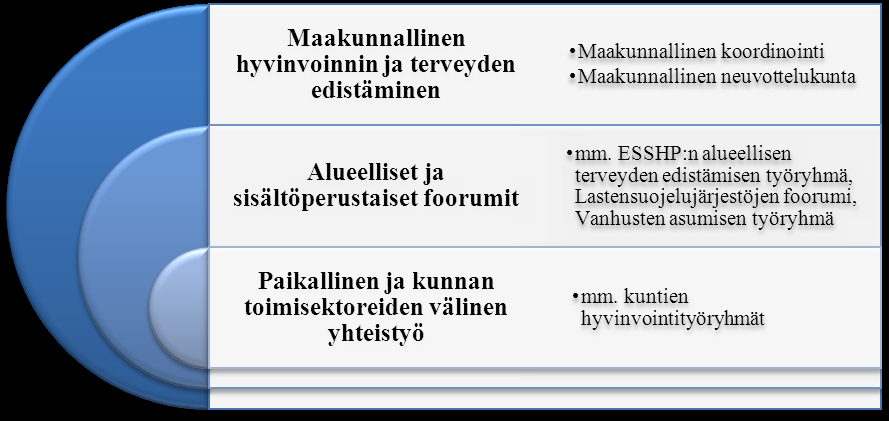 TULEVAISUUSOSA 5.3. Hyvinvoinnin edistämisen verkostorakenne Etelä-Savon hyvinvoinnin ja terveyden edistämisen organisoituminen perustuu maakunnassa olemassa oleviin rakenteisiin ja toimijoihin.