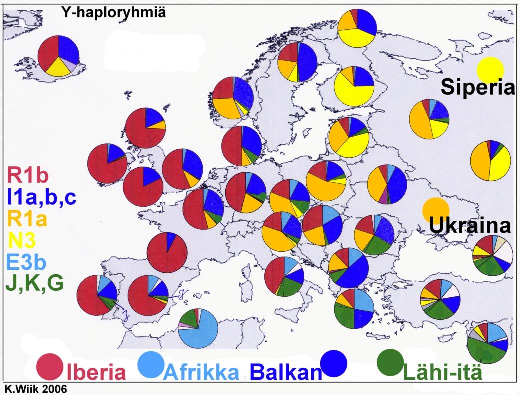109 Kartta 12. 'Y Eur väripallot'. Kuudelta alueelta (neljästä refugista sekä Afrikasta ja Lähi-idästä) tulleiden miesklaanien frekvenssejä.