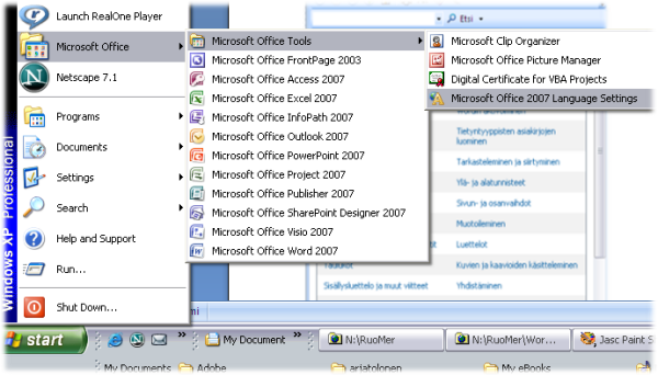 3 1. Yleistä 1.1 Office- ohjelmien muuttaminen suomen kielelle Valitse Start ja sieltä Microsoft Office ja sieltä Microsoft Office 2007 Language Settings Muuta avautuvaan ikkunaan suomen kieli. 1.2 Wordin oma ohjetoiminto Kannattaa muistaa, että kaikissa ohjelmissa on aina olemassa omat ohjeensa.