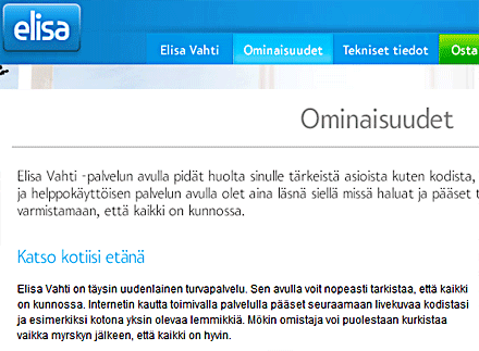 6 Kuva 4: Elisa Vahti -palvelun tuotesivun otsikko on Ominaisuudet. Luovuuden ja löydettävyyden punnukset tasapainossa Tasapaino hakukoneoptimoisessa on tärkeää.