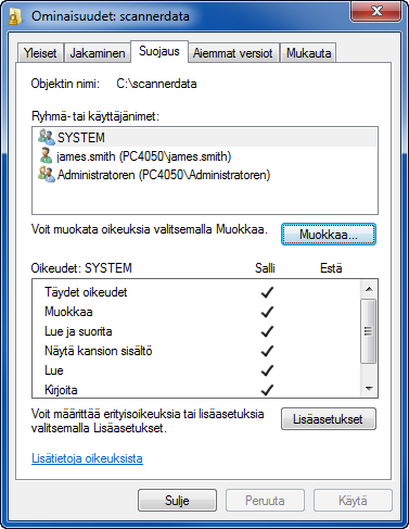 Peruskäyttö 6 Valitse syötetty käyttäjä, Muuta ja Luku-oikeudet ja napsauta OK. Siirry Windows XP -käyttöjärjestelmässä vaiheeseen 8. 3 HUOMAUTUS: Kaikki antaa jako-oikeudet kaikille verkossa.