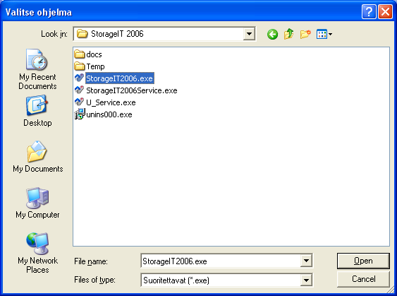 Mikäli ym. tiedostot eivät löydy listalta joudut lisäämään ne sinne. Klikkaa 'Lisää' painiketta, jonka jälkeen aukeaa 'Valitse ohjelma' ikkuna (Kuva N3), jonka avulla lisäät StorageIT2006.