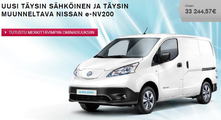 LIITE 1 TUTKIMUSRAPORTTIIN VTT-R-00752-15 Kuva 37. Ruotsin sähköautot. (Sunnerstedt 2015) Kuva 38. Nissan e-nv200. http://www.nissan.fi/fi/fi/vehicle/electric-vehicles/env200.html?