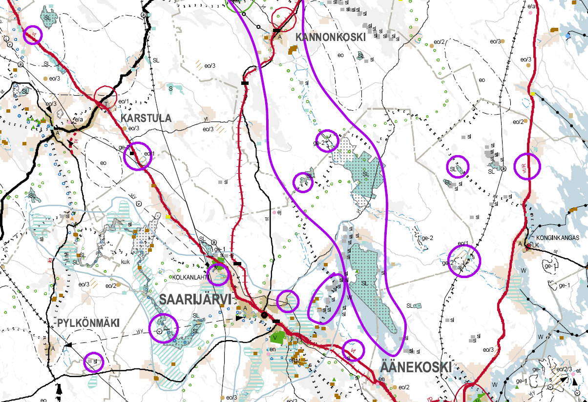 -merkittävästi parannettava tie/pohjavesialue +kilpailukyky, liikenneturvallisuus +matkailun ja virkistyksen kokonaisuus, vetovoima -mo-ura/natura, suojelu +kilpailukyky, liikenneturvallisuus