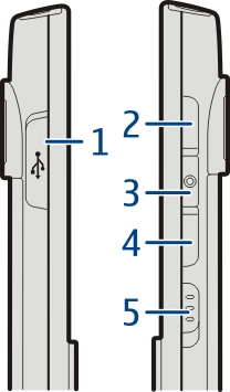 8 Alkuvalmistelut Takapuoli 1 Kaiutin 2 Kameran salama 3 Kameran linssi 4 Takakuoren vapautuspainike 5 Rannehihnan reikä Sivustat 1 Micro-USB-liitäntä 2