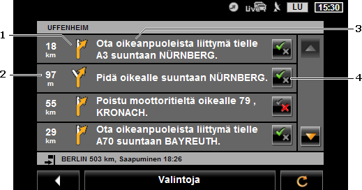 9.13 Ajo-ohje Ennen navigoinnin alkua tai milloin vain navigoinnin aikana voit katsoa lasketun reitin yksityiskohtaisen ajo-ohjeen. Siinä kaikki ajo-ohjeet ovat esitetty taulukkomuodossa.