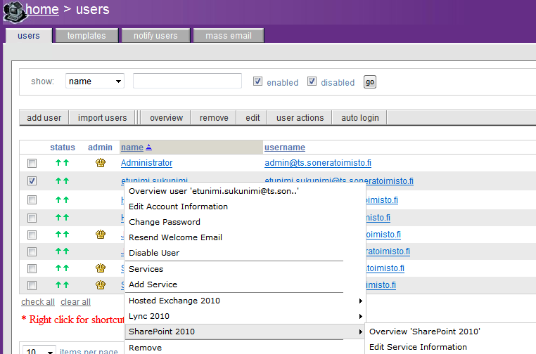 Työkalu koostuu kahdesta toiminteesta: 1. Overview SharePoint 2010 eli käyttäjän Työtila-palvelun tarkastelu Overview-näytöllä nähdään yleissilmäys käyttäjälle aktivoidusta Työtila-palvelusta.