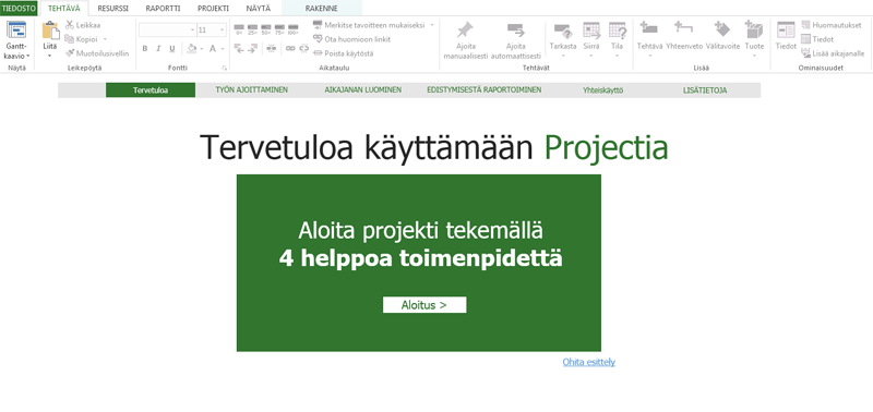 Project 2013:n käytön aloittaminen Projektinhallinnan neljä perusvaihetta Kun avaat Project 2013 -sovelluksen, näet ensimmäisenä täysin uuden ilmeen. Eikä siinä vielä kaikki.