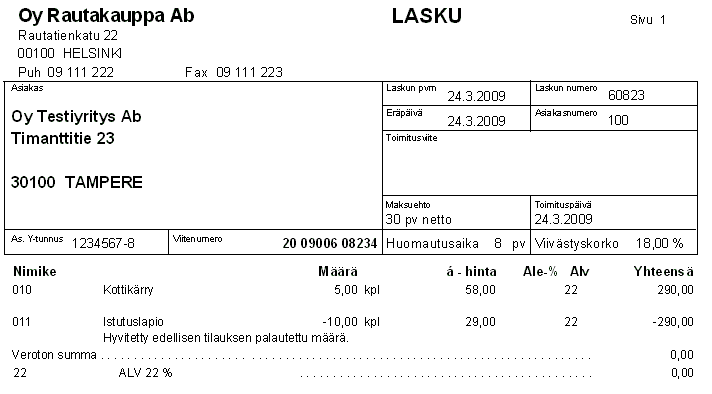 3.1.15 Korkolaskut päivänä raportin muotomuutos Asiakastoiveiden mukaisesti on raporttia Korkolaskut päivänä muutettu selkeämmäksi siten, että nyt linjaviivojen väliin ja yhden asiakkaan tiedot. 3.1.16 Nollalaskut mukaan päiväkirjalle Lisätty laskupäiväkirjalle mukaan myös 0-eräiset laskut.