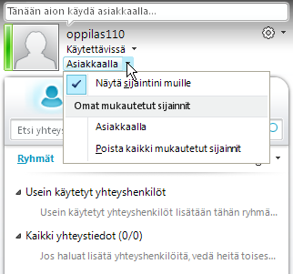 Salcom Group Oy Lync Pikaohje 4 (20) Oman tila ja sijainti Oman tilan voi määrittää tarvittaessa napsauttamalla omaa tilaansa Lyncin pääikkunassa.