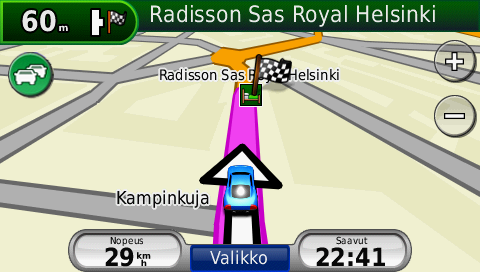 FM-liikennevastaanottimen käyttäminen Liikenne alueella Kun liikennetietoja vastaanotetaan, liikennekuvake näkyy karttasivun vasemmassa yläkulmassa.