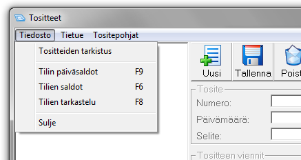Miten haen tositetta viennin arvolla tai selitteellä? Syötettyjä tositteita voi hakea viennin arvon tai selitetekstin perusteella klikkaamalla Tositteet-ikkunassa Haku-painiketta.