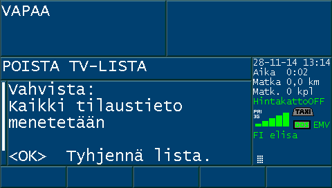 Poistu KELA -valikosta painamalla <MENU>. Käynnistä taksa <1-2H>. Valitse nimen sijasta matkustajan tilaustunnus ja paina <OK>. Aja perille ja aloita maksaminen kuten edellisessä esimerkissä.