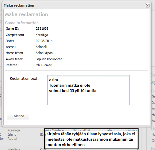 Joukkueen näkymä Make reclamation = tee ilmoitus