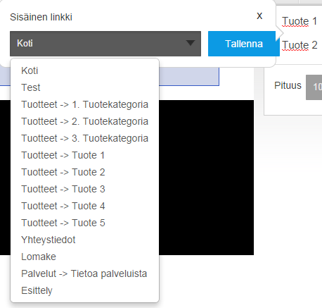 Sivu 36/37 Seuraavaksi Kotisivutyökalu pyytää sinua määrittelemään, mille sivulle linkki luodaan. Valitse haluttu alasivu ja klikkaa tallenna.