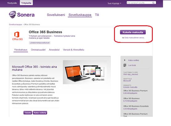 5. Office 365 -palvelun tilaus ja aktivointi A. Valitse Kokeile maksutta tai Osta maksullinen versio B.