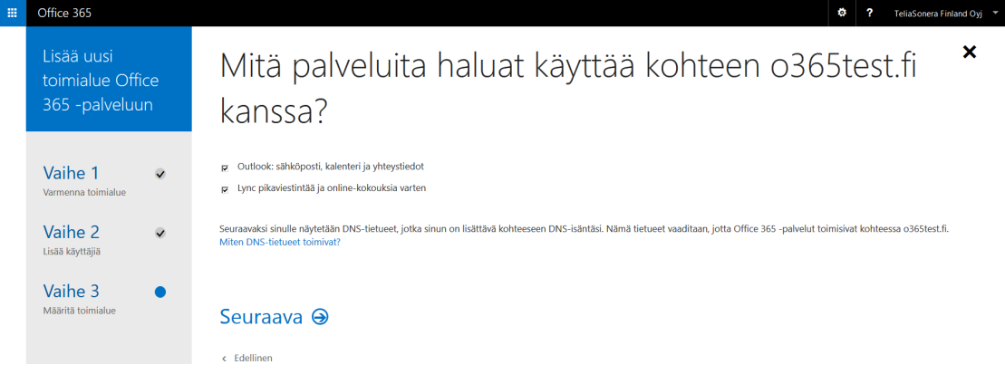 N. Toiminto kysyy onko toimialueen verkkosivusto jo käytössä, sivustoa palvelussa ei ole joten voit hyväksyä oletuksen (Ei) klikkaamalla Seuraava O.