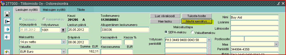 Laskun ollessa kierrätysryhmän viimeisellä askeleella, näkyy ruudulla Vie reskontraan valinta. Laskun täytyy olla kokonaan tiliöity ennen reskontraan vientiä.