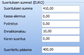 Esimerkiksi jos halutaan kirjata 10 euroa koron suoritukseksi, kirjataan 10 euroa koron suoritukseen jolloin ohjelma näyttää että suoritettua pääomaa on 400 euroa.