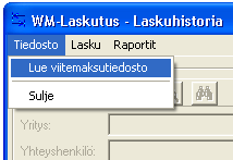 Miten saapuneet viitemaksut (KTL) tiedoston suoritukset luetaan ohjelmaan? Valitse Laskuhistoria ikkunan Tiedosto valikosta kohta Lue viitemaksutiedosto.
