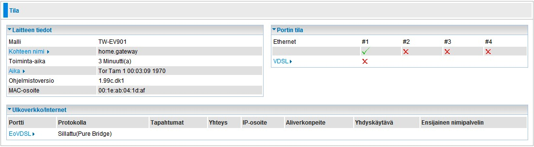 Portin tila Portin tila: Käyttäjä voi tarkistaa, ovatko Ethernet- ja VDSL-yhteydet kytketty päälle. Ulkoverkko / Internet Portti: Ulkoverkkoyhteyden (WAN) nimi.