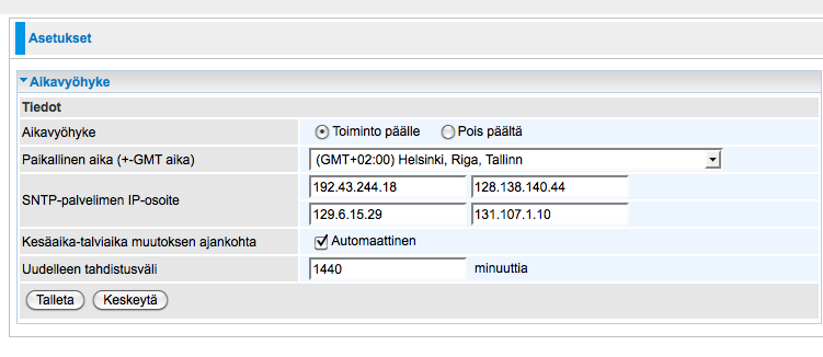 Ota paikallinen aikavyöhyke käyttöön napsauttamalla Toiminto päälle ja sitten Talleta -painiketta.