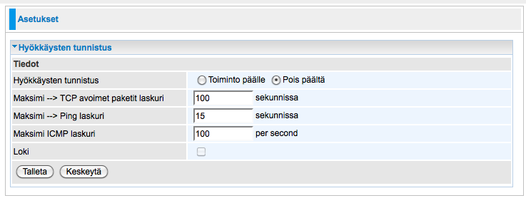 Hyökkäysten tunnistus Reitittimen hyökkäyksen tunnistustoimintoa (Intrusion Detection System, IDS) käytetään Internetin kautta tapahtuvien hakkerien hyökkäyksien ja tunkeutumisyritysten