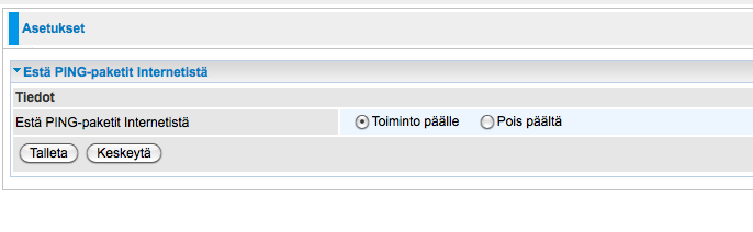 Estä PING-paketit Internetistä Tämä toiminto tulee ottaa käyttöön silloin, kun et halua reitittimesi julkisen ulkoverkon (WAN) IP-osoitteen vastaavan tiedusteluihin.