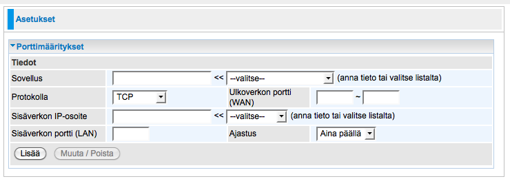 Porttimääritykset Koska NAT-osoitteenmuunnos toimii luonnollisena Internetin palomuurina, reititin suojaa verkkosi ulkopuolisilta käyttäjiltä, sillä kaikki tulevat yhteysyritykset kohdistuvat