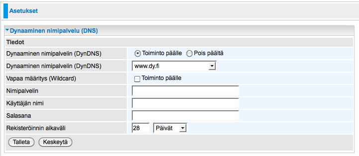 Dynaaminen nimipalvelu (DynDNS) Dynaaminen DNS-toiminto mahdollistaa dynaamisen IP-osoitteen aliaksen asettamisen kiinteään verkkonimeen.