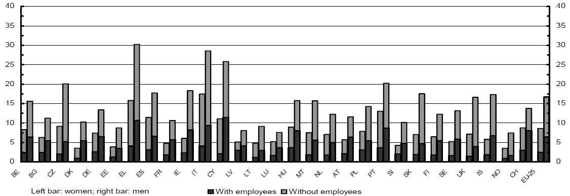 Miesten ja naisten yrittäjyysaste 2005 Yrittäjien osuus