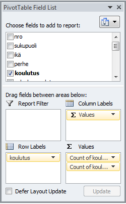 Raahaa koulutus toistamiseen Values (Arvot) -ruutuun. Määritä tälle toiselle arvokentälle arvojen näyttötavaksi % of Column Total (prosenttia sarakkeen summasta).