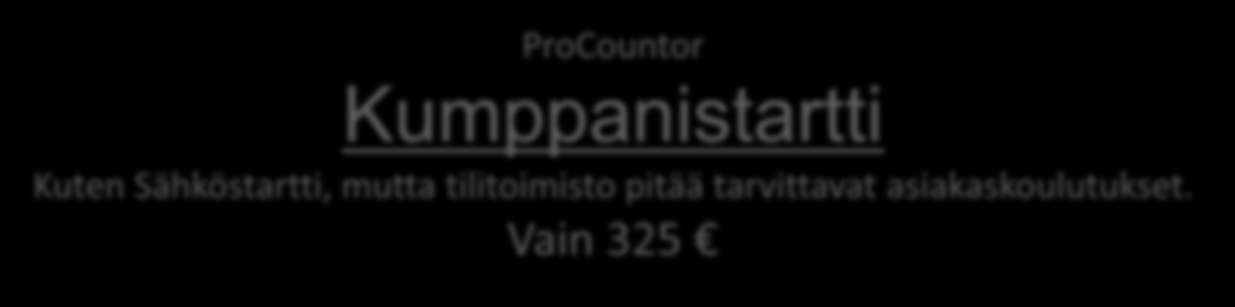 ProCountor Starttipaketit Startti Edullinen paketti sähköiseen taloushallintoon siirtyvälle yritykselle. ProCountor-ympäristön ja Itellan verkkolaskuyhteyksien avaus.